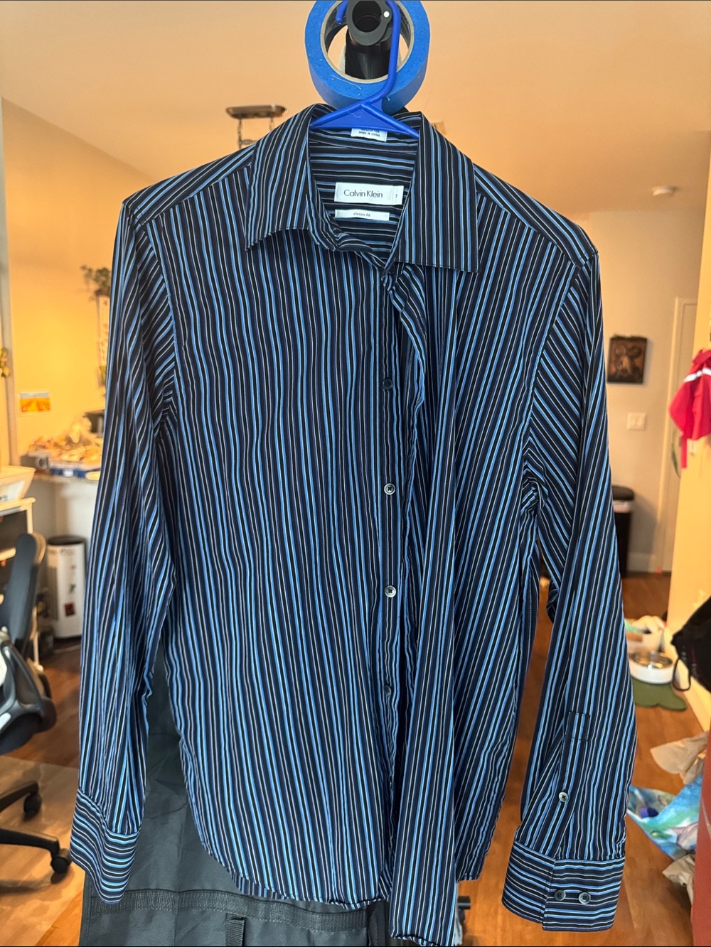 Calvin Klein Men's Black Shirt with Blue Pinstripes